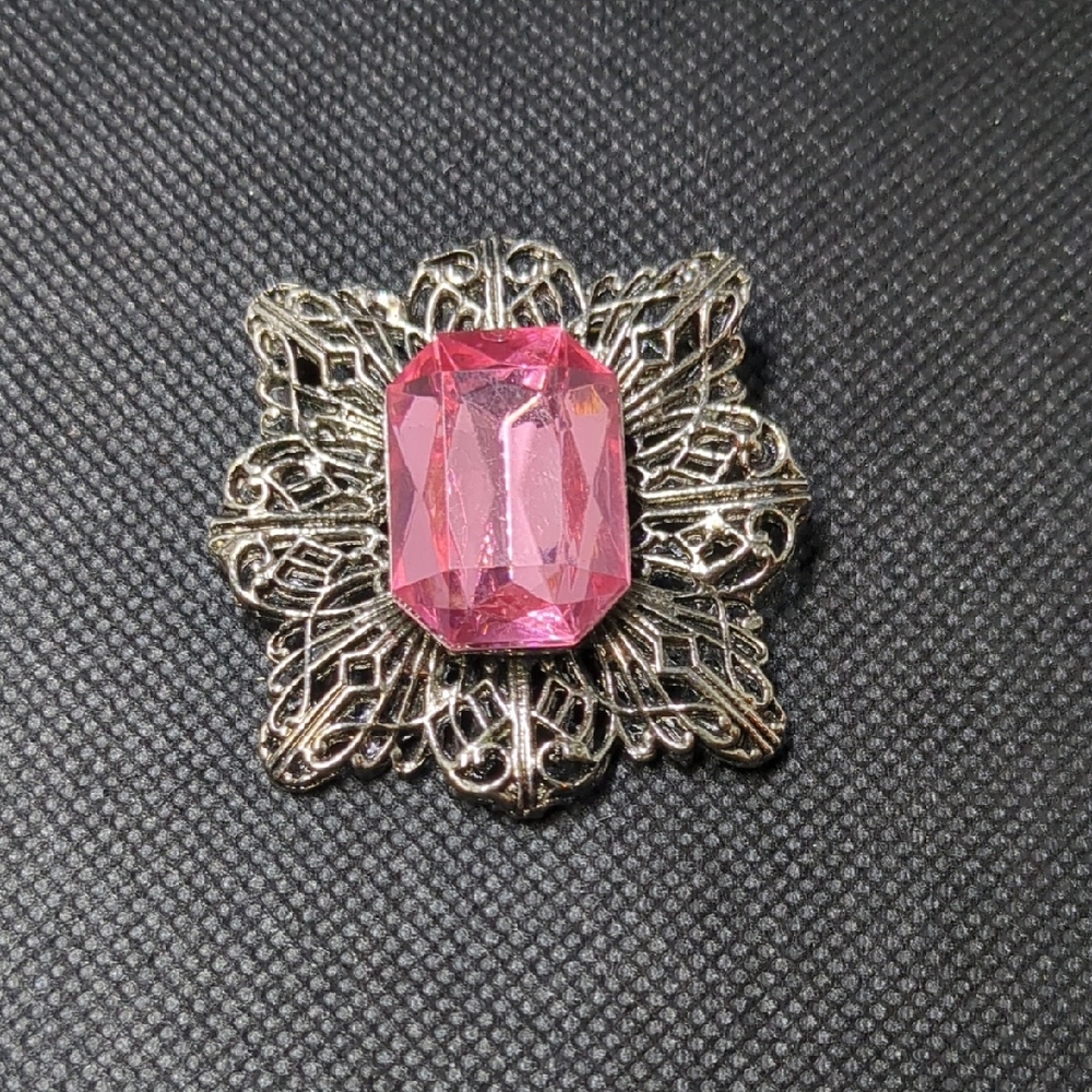 Victorian Pink and Silver Filigree Brooch